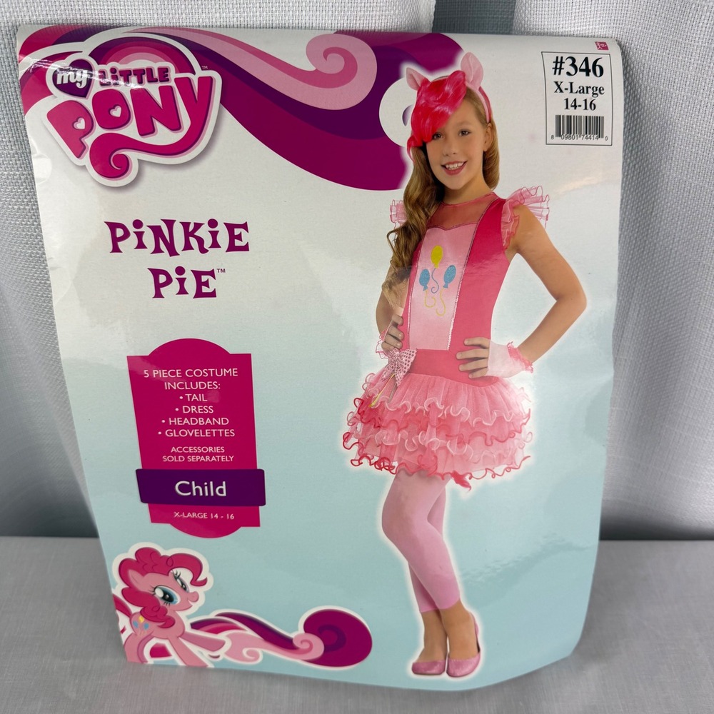RARE My Little Pony Pinkie Pie Costume Kids XL 14-16 Dress Headband Tail 5pc Set